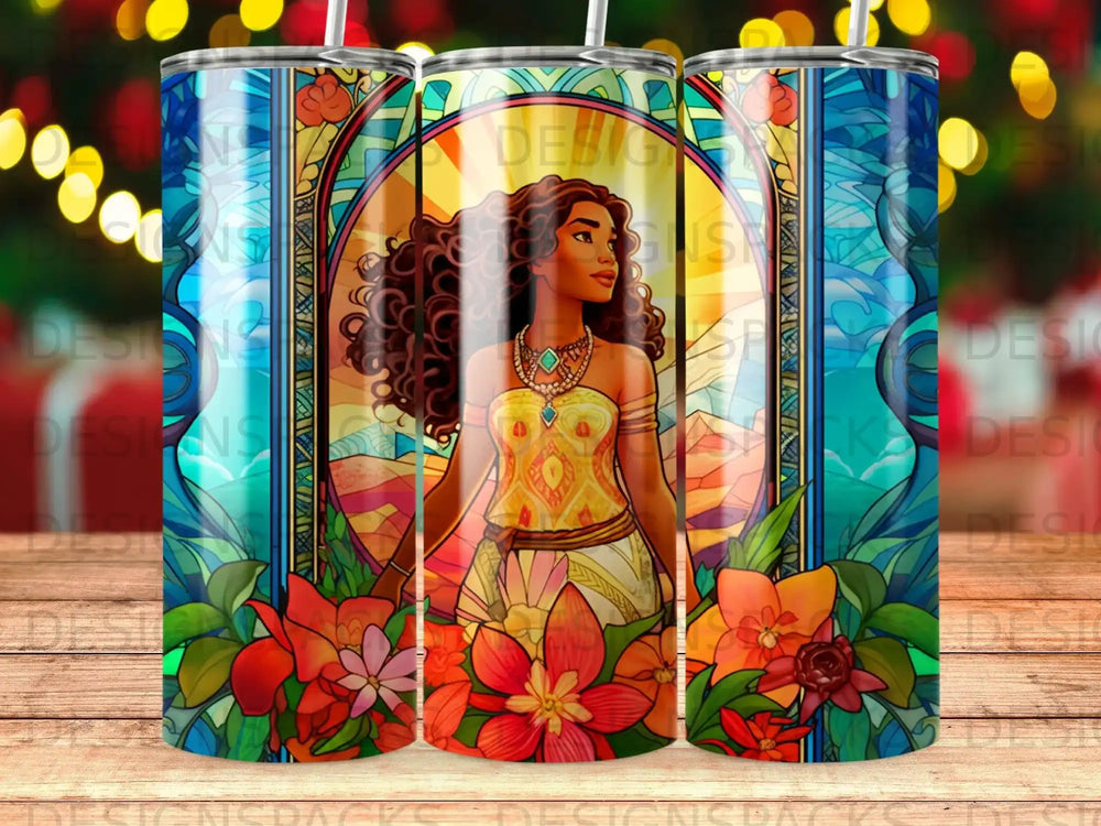 Woman in a colorful dress and necklace in a stained-glass window.