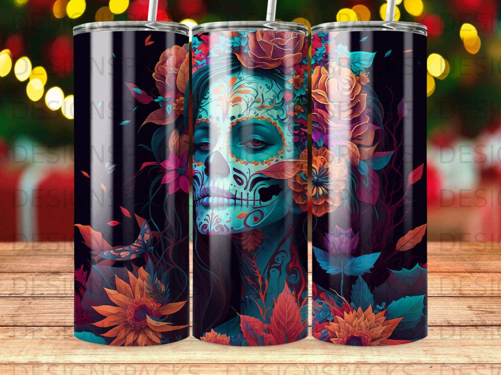 Sugar skull woman with floral accents and colorful foliage on a dark background.