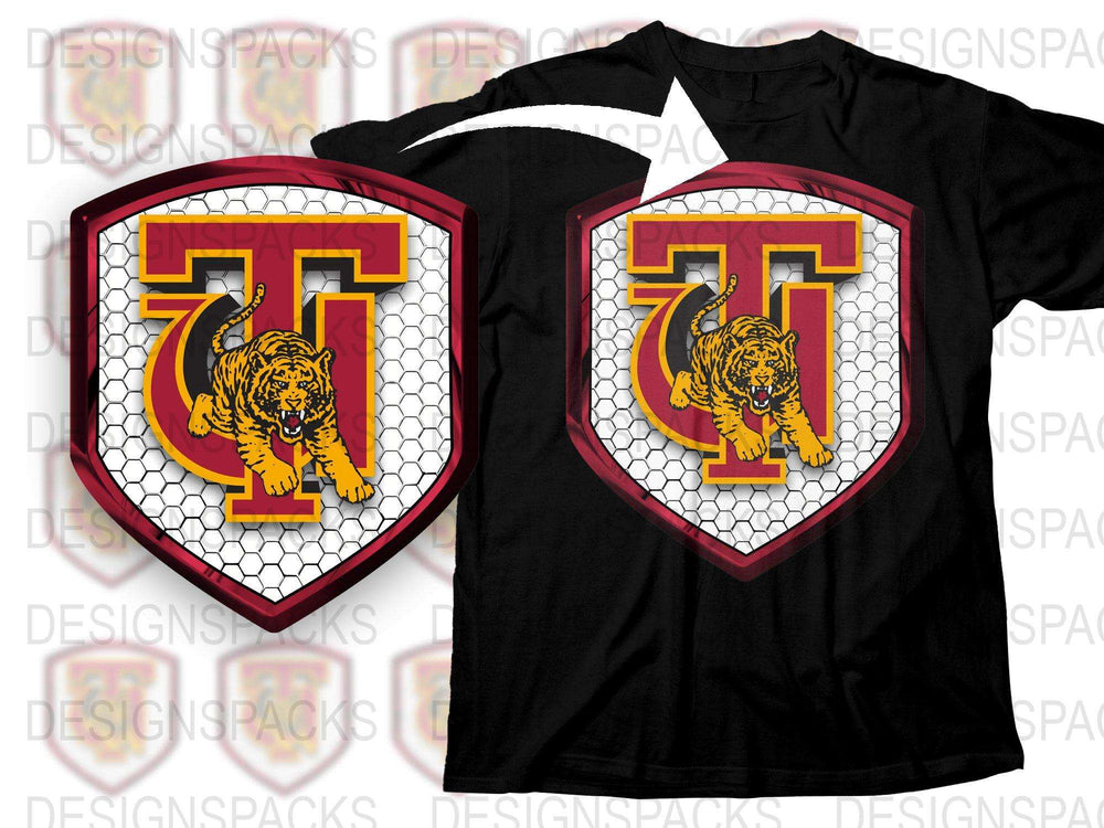 Bold Tiger Crest Graphic T-Shirt, Modern Emblem Design Tee, Unisex Casual Fashion, Sporty Hexagon Pattern Shirt
