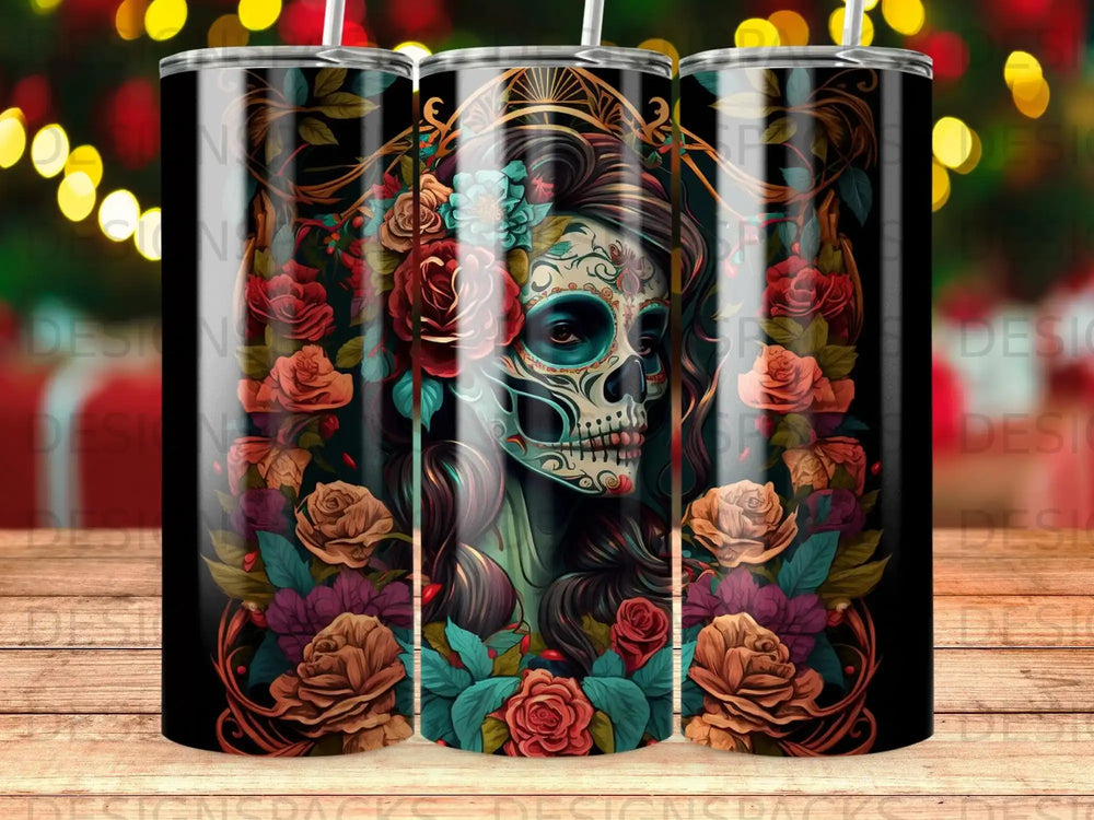 Sugar skull woman with roses and ornate frame on a tumbler.