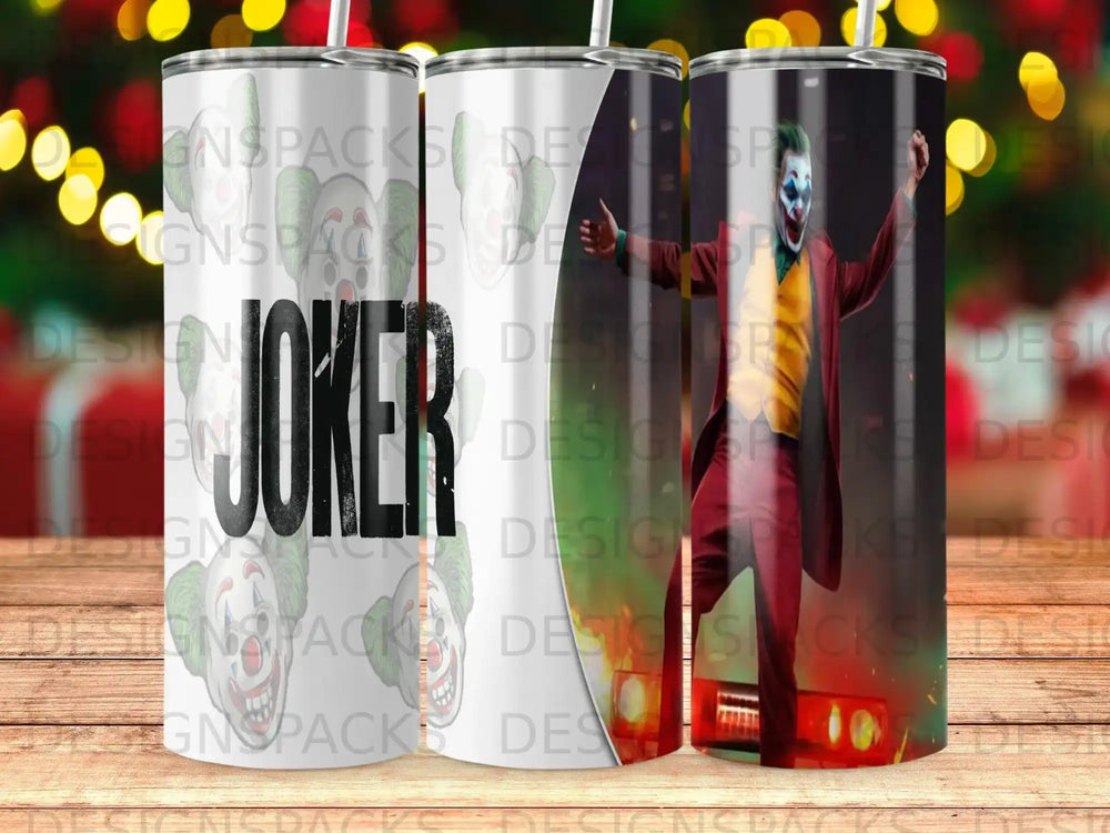 Joker graphic on a tumbler with repeated "DESIGNSPACKS" watermark.