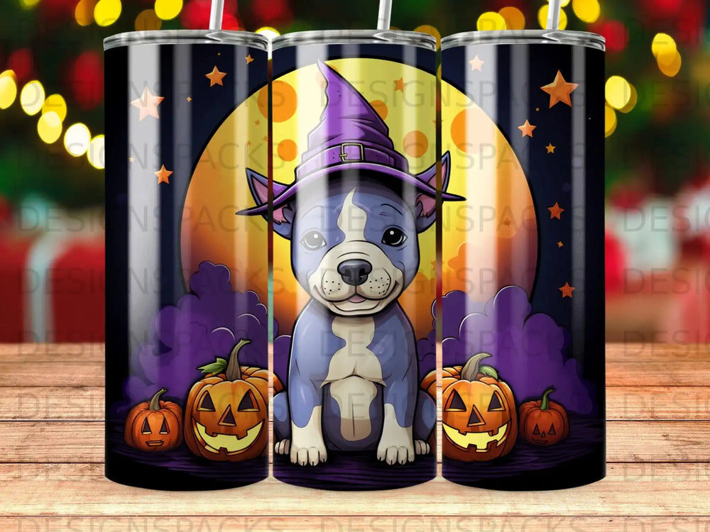 Blue dog wearing a witch hat with pumpkins under a moon.