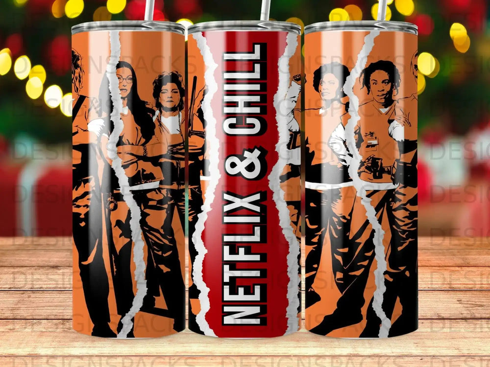 Orange tumbler with Netflix & Chill text and women characters.