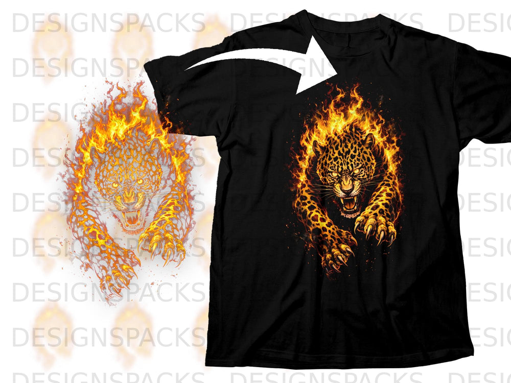 Black t-shirt with a fiery leopard graphic design on the front.