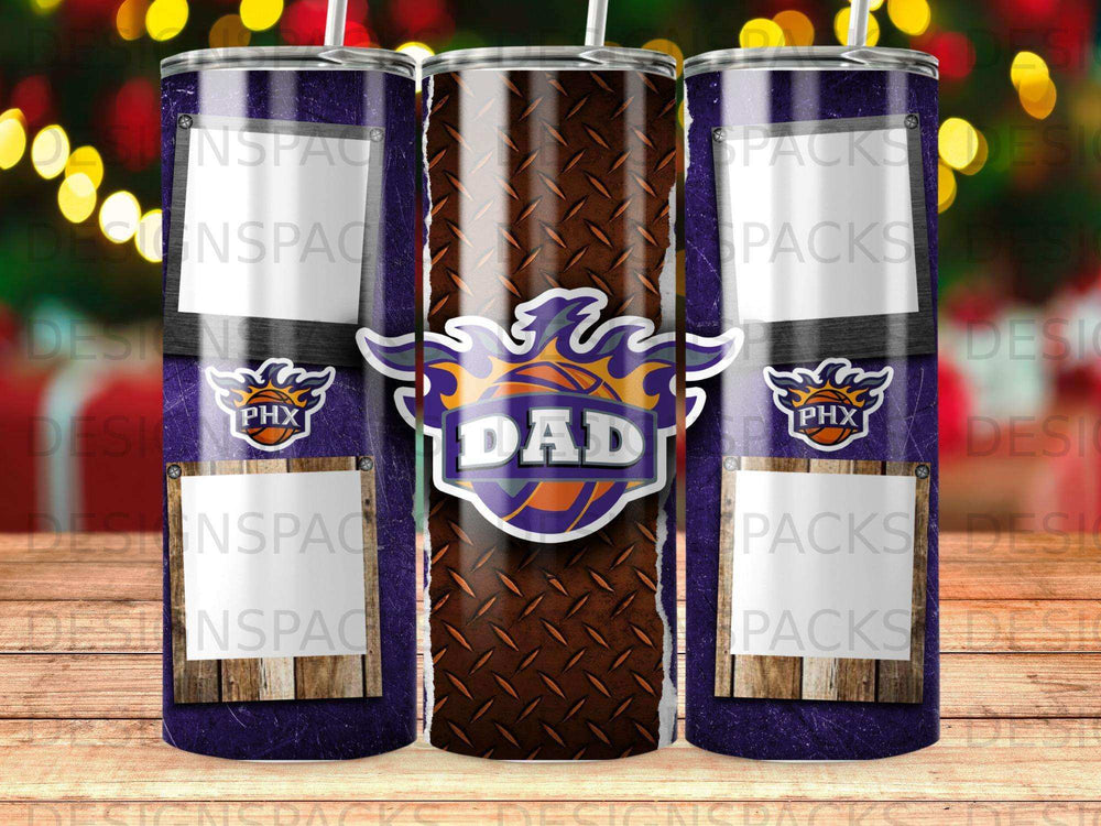 Purple tumbler with "DAD" and phoenix logo on diamond plate background.