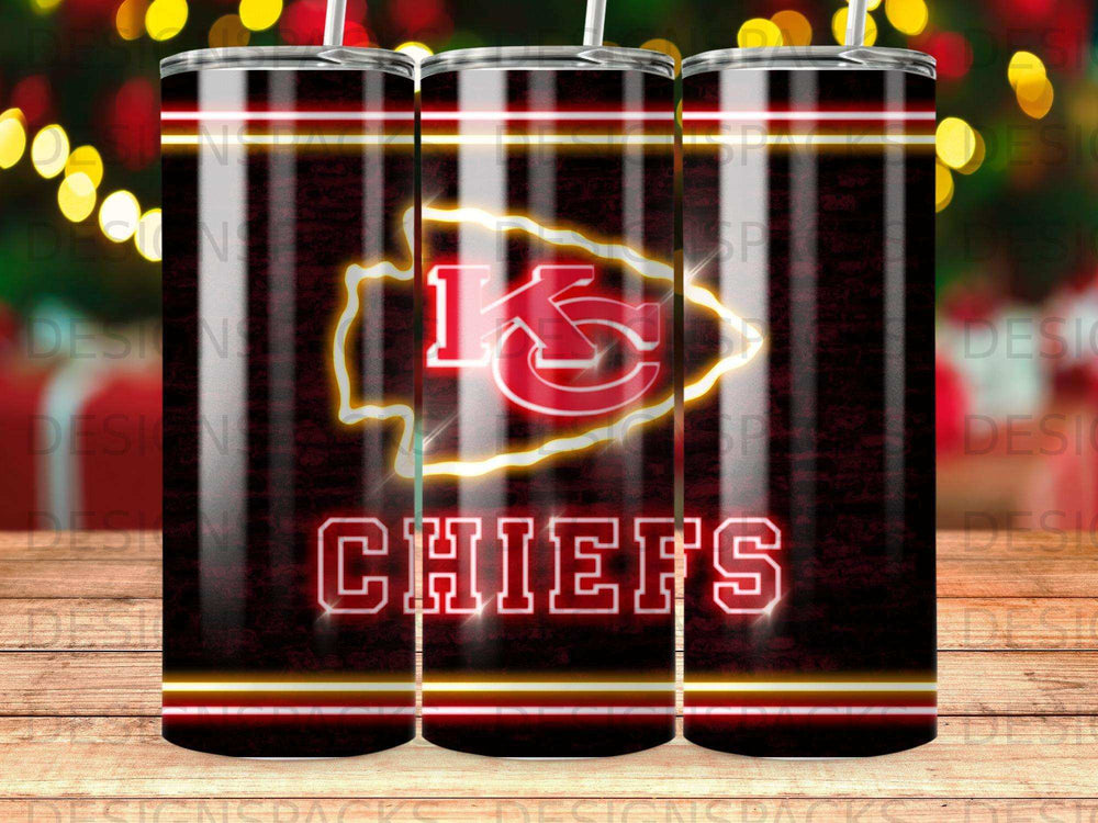 Kansas City Chiefs logo with text, on a dark, striped tumbler.