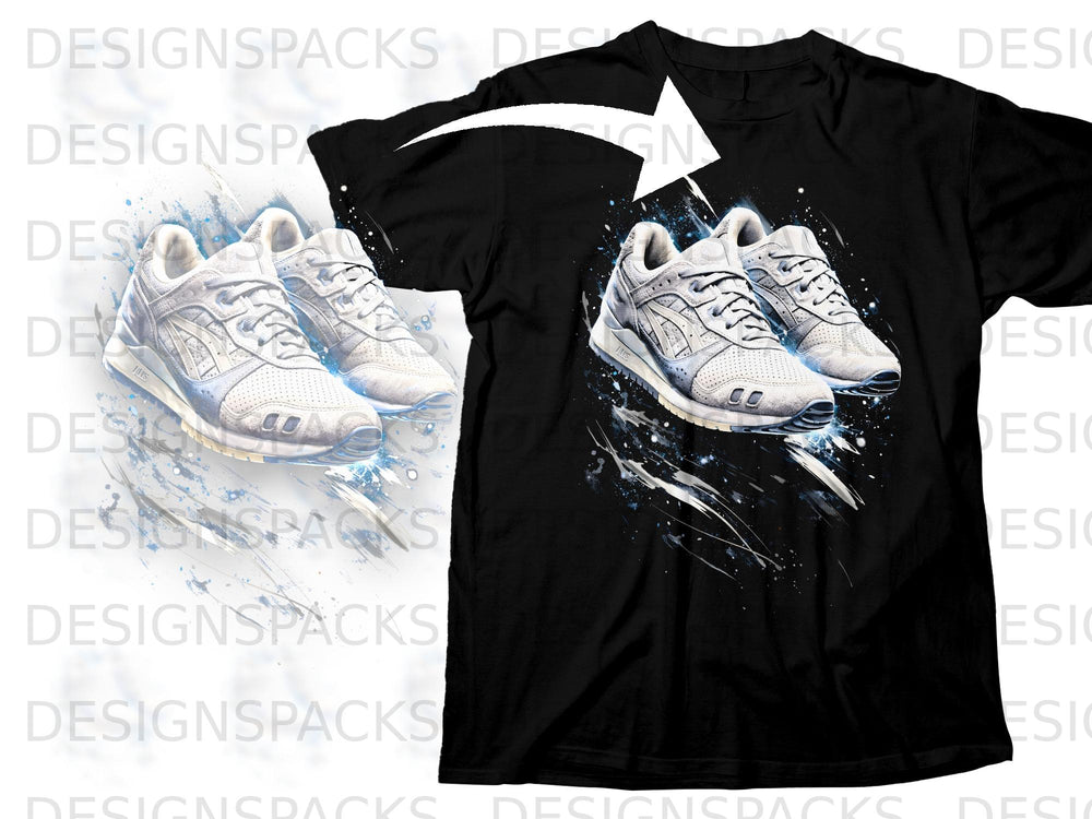 Black t-shirt with a graphic of white sneakers with blue accents and splatter.