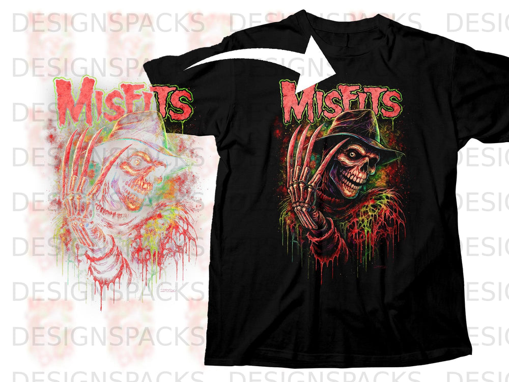 Black t-shirt with a Misfits graphic featuring a skull with blades and a hat.
