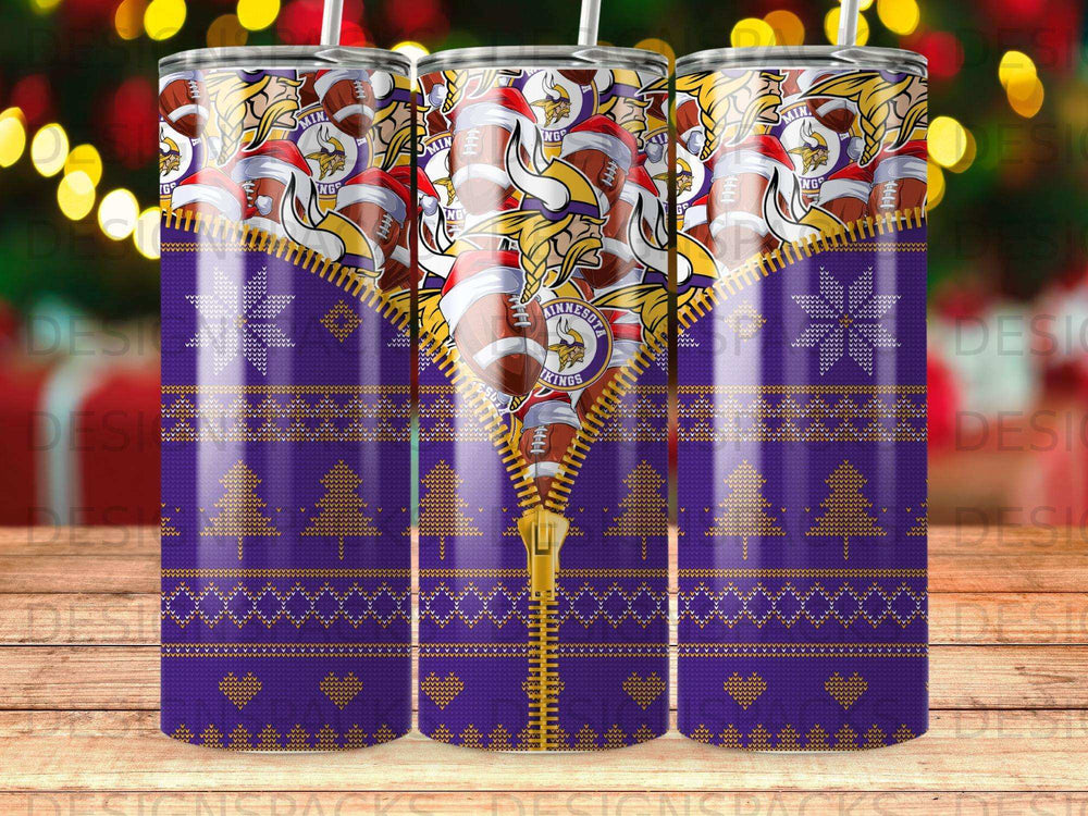 Minnesota Vikings themed tumbler with a zipper pattern and Christmas trees.