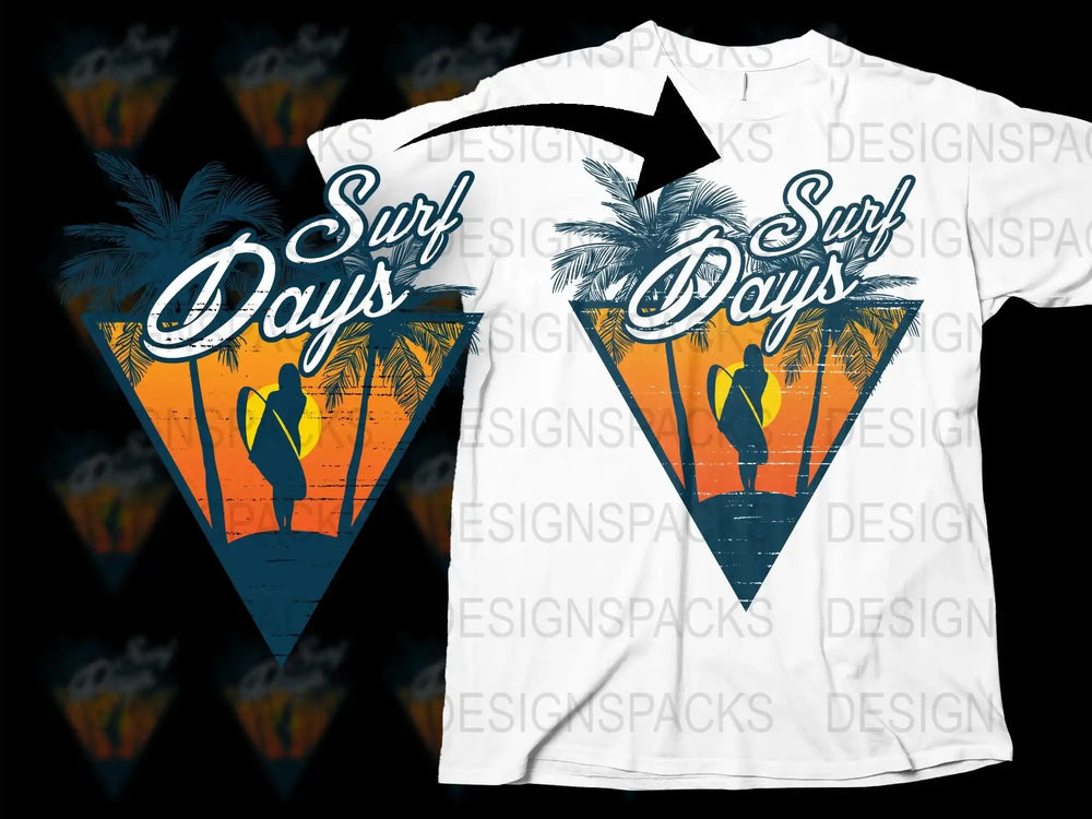Surf Days Tropical T-Shirt, Palm Tree and Sunset Graphic, Beach Vacation, Men's Summer Fashion, Casual Comfort Wear