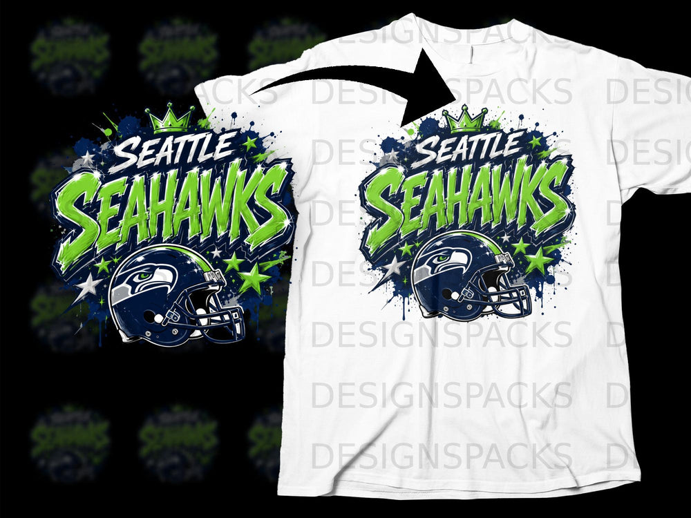Seattle Seahawks logo with helmet, crown, and stars, splashed on white t-shirt.