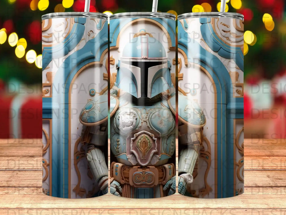 Mandalorian armor with intricate patterns on a tumbler.