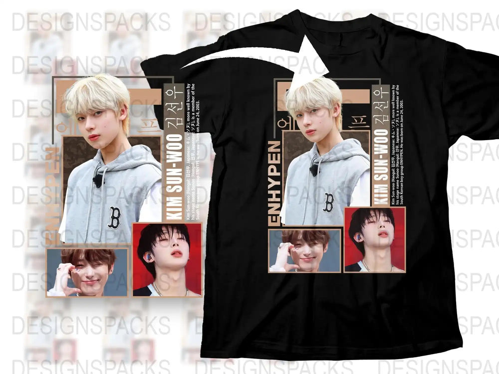 Kpop Fan T-Shirt, ENHYPEN Kim Sunoo Photo Collage, Unisex Black Cotton Tee, Pop Idol Merchandise