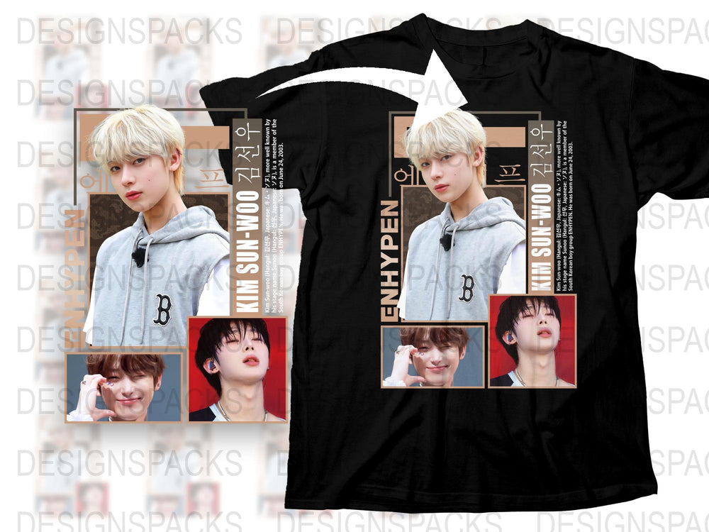 Kpop Fan T-Shirt, ENHYPEN Kim Sunoo Photo Collage, Unisex Black Cotton Tee, Pop Idol Merchandise
