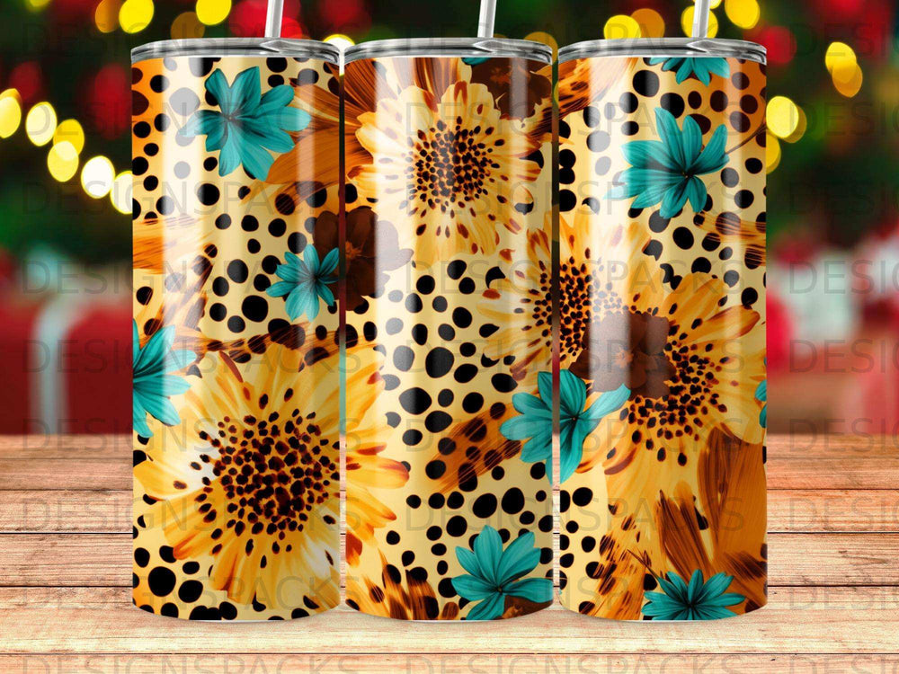 Sunflower and leopard print patterned tumbler with teal accents.