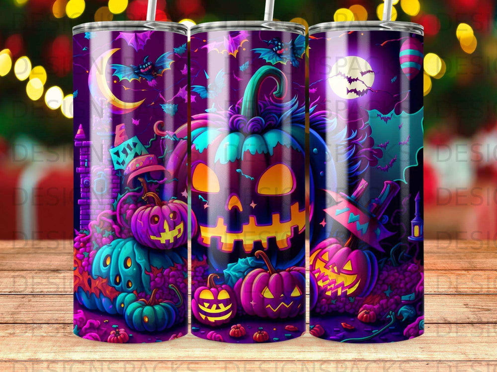 Halloween scene with jack-o'-lanterns, bats, and spooky characters on a purple background.