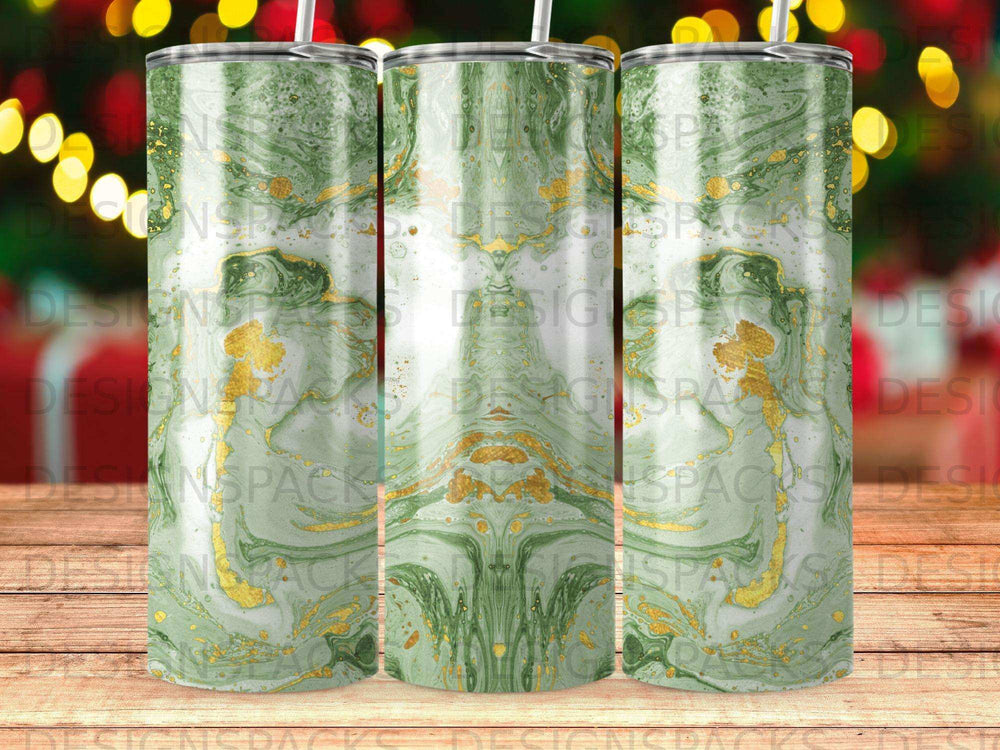 Green and gold marbled tumbler with decorative patterns.