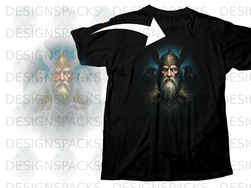 Black t-shirt with graphic of an ancient warrior with glowing eyes and ravens.