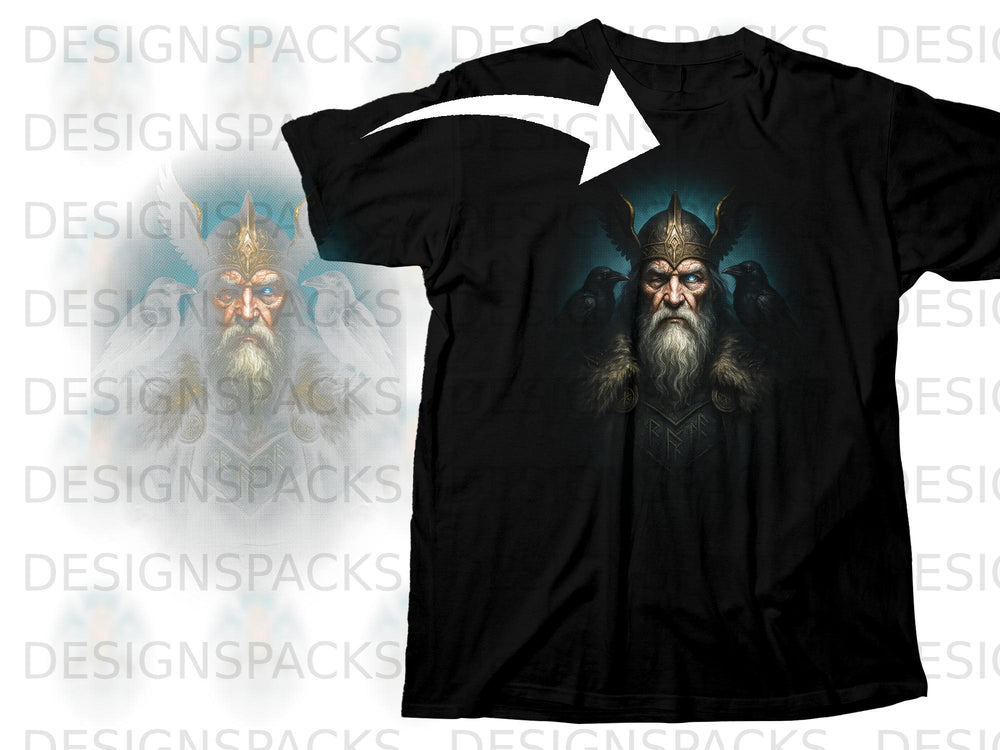 Black t-shirt with graphic of an ancient warrior with glowing eyes and ravens.