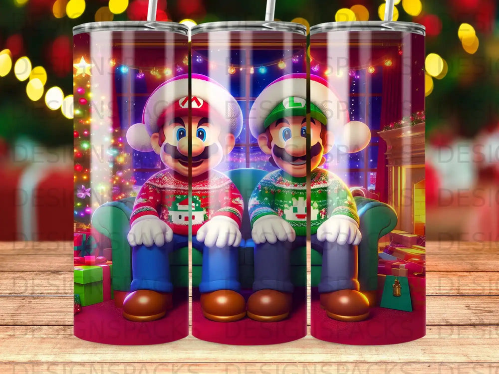 Mario and Luigi in Christmas sweaters sitting on a couch with presents.