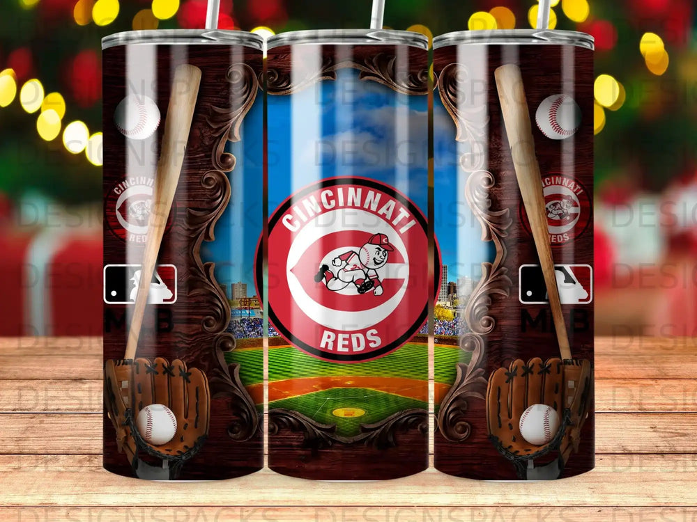 Cincinnati Reds baseball tumbler with baseball glove and bat.