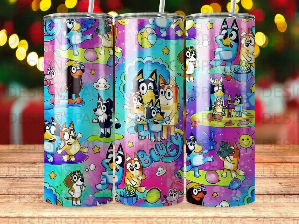 Bluey and Bingo characters in colorful cartoon scene on a patterned tumbler.