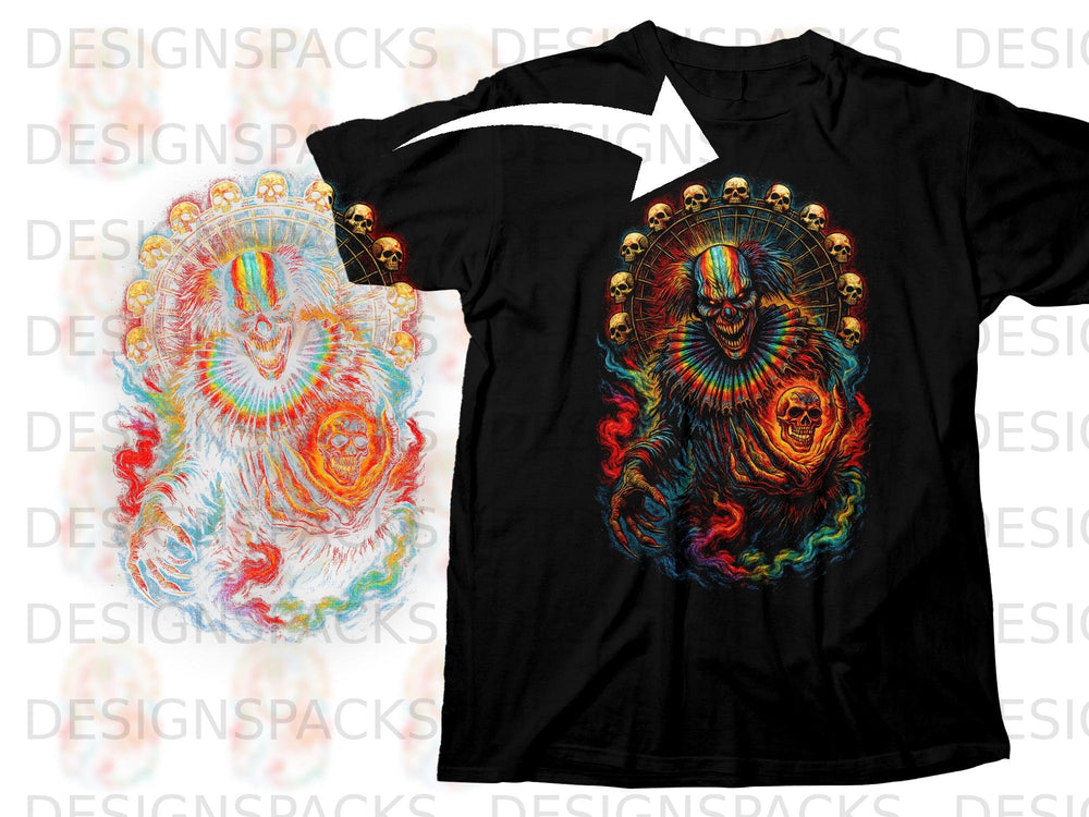 Scary clown with skulls and rainbow tie-dye design on black t-shirt.