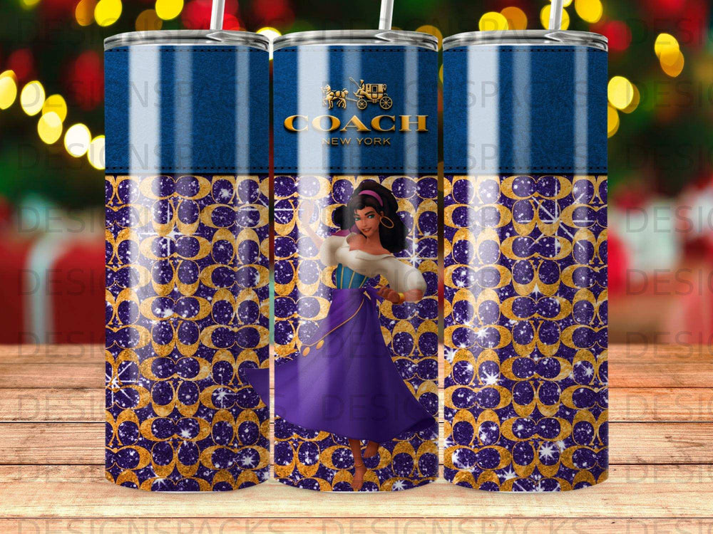 Coach New York tumbler with a sparkly gold pattern and a woman in a purple dress.