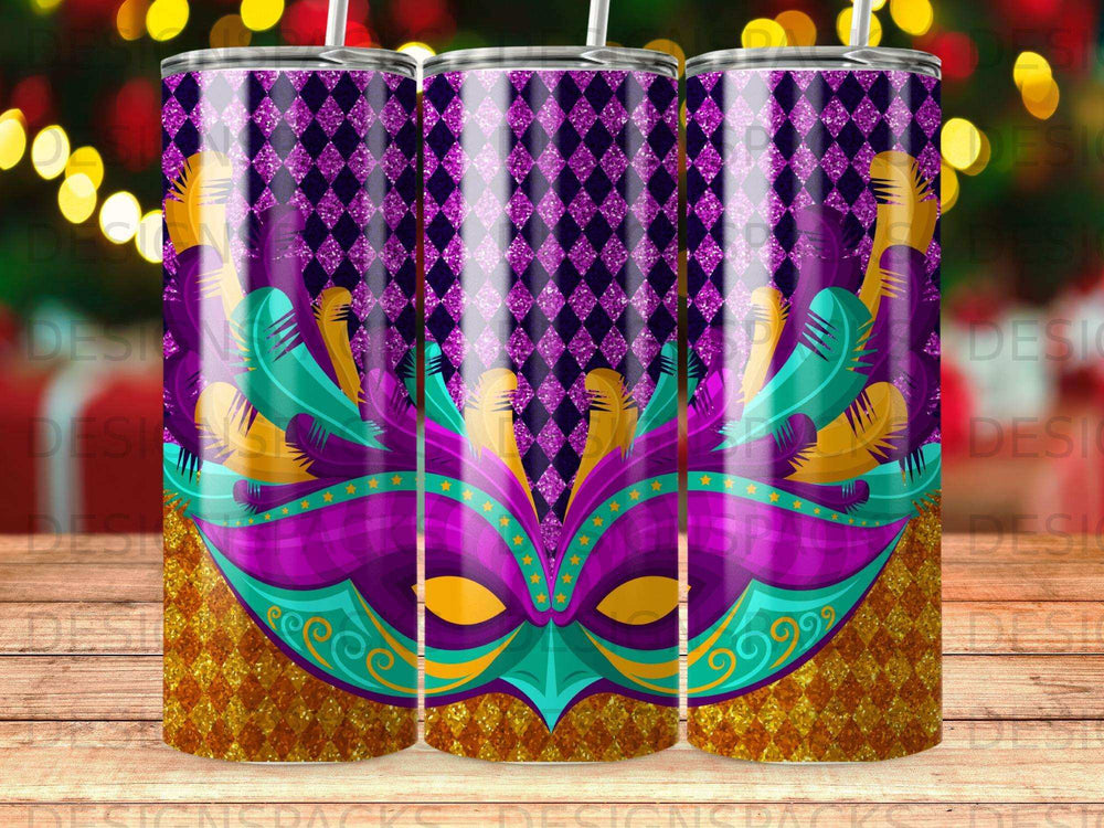Glitter and Mardi Gras mask tumbler with purple, green, and gold feathers.