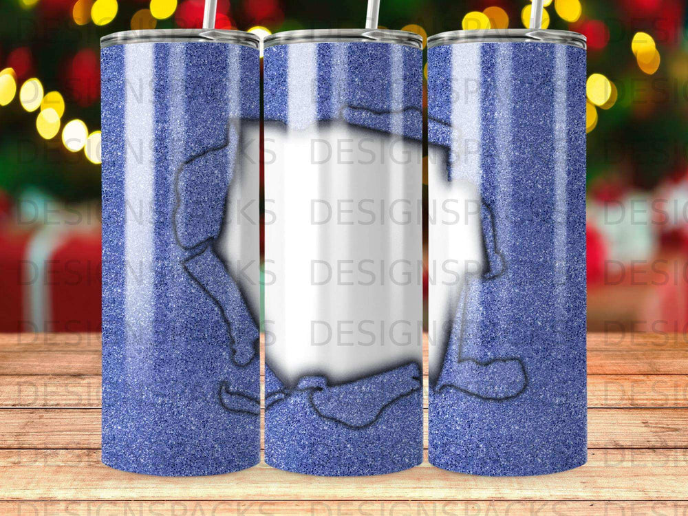 Blue glitter tumbler with white stripe and silhouette design.