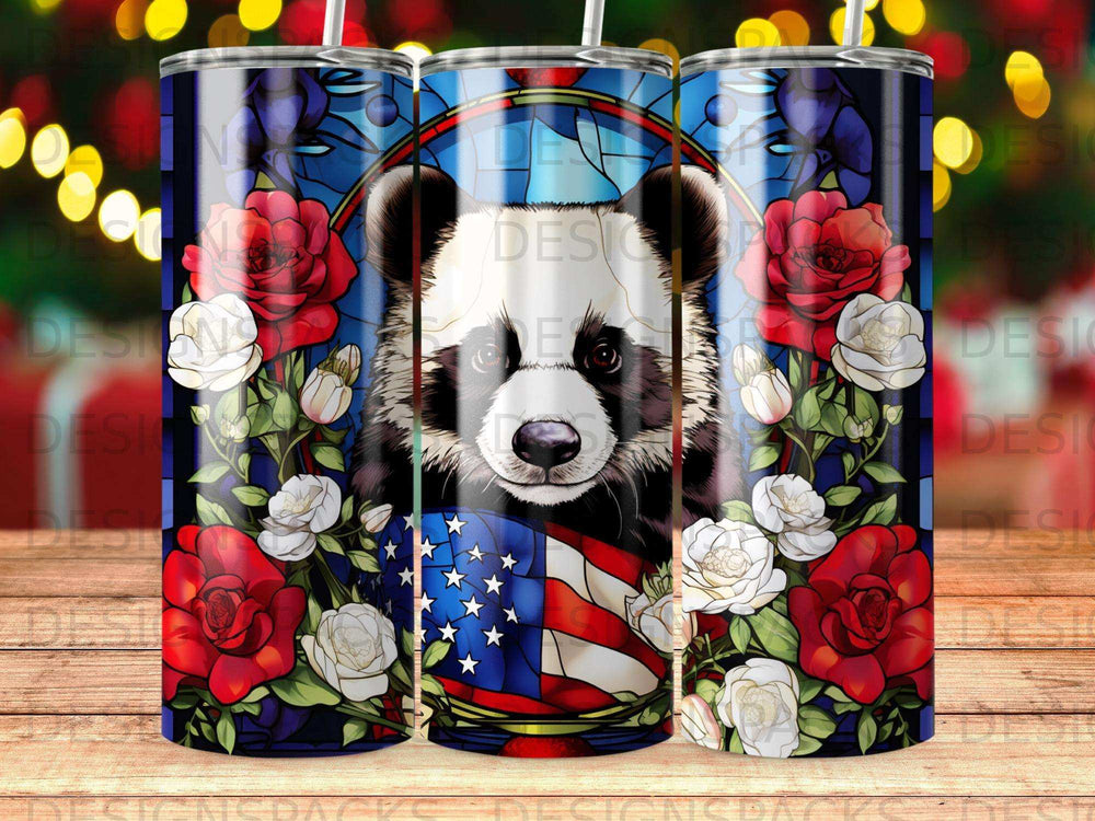Panda with American flag and stained glass border with roses.