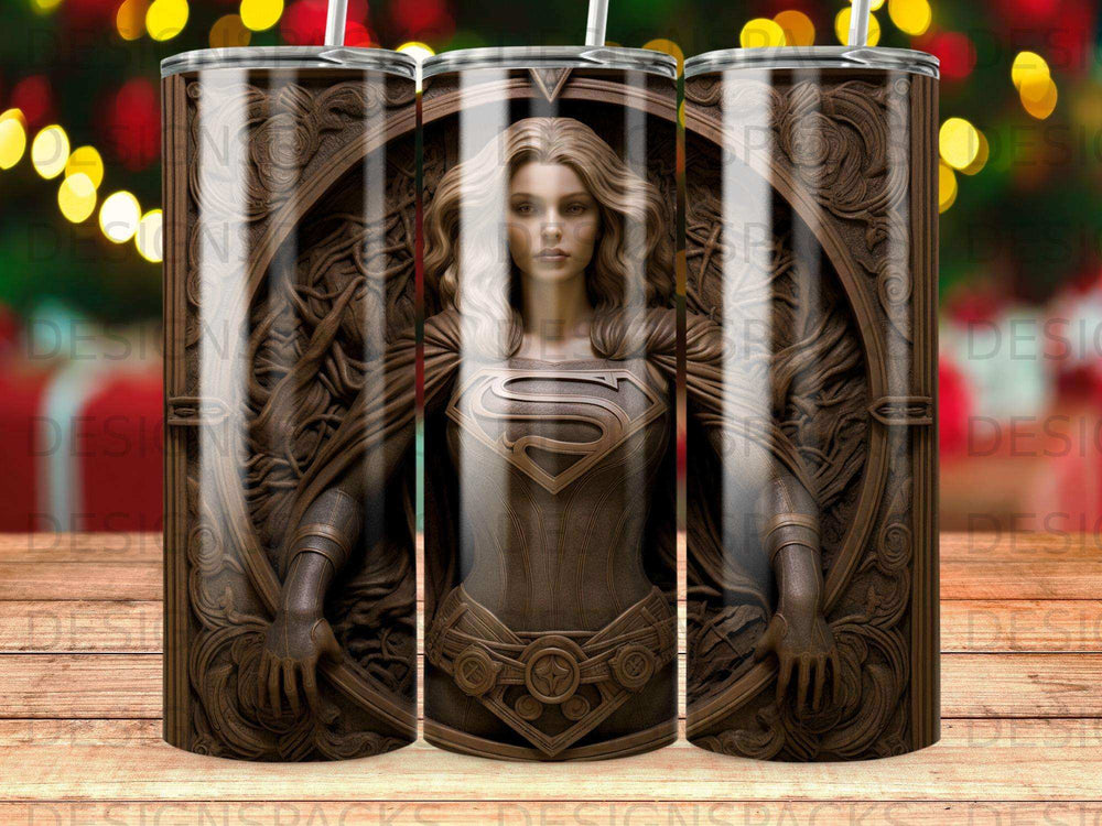 Supergirl in bronze armor with a stylized Superman logo.