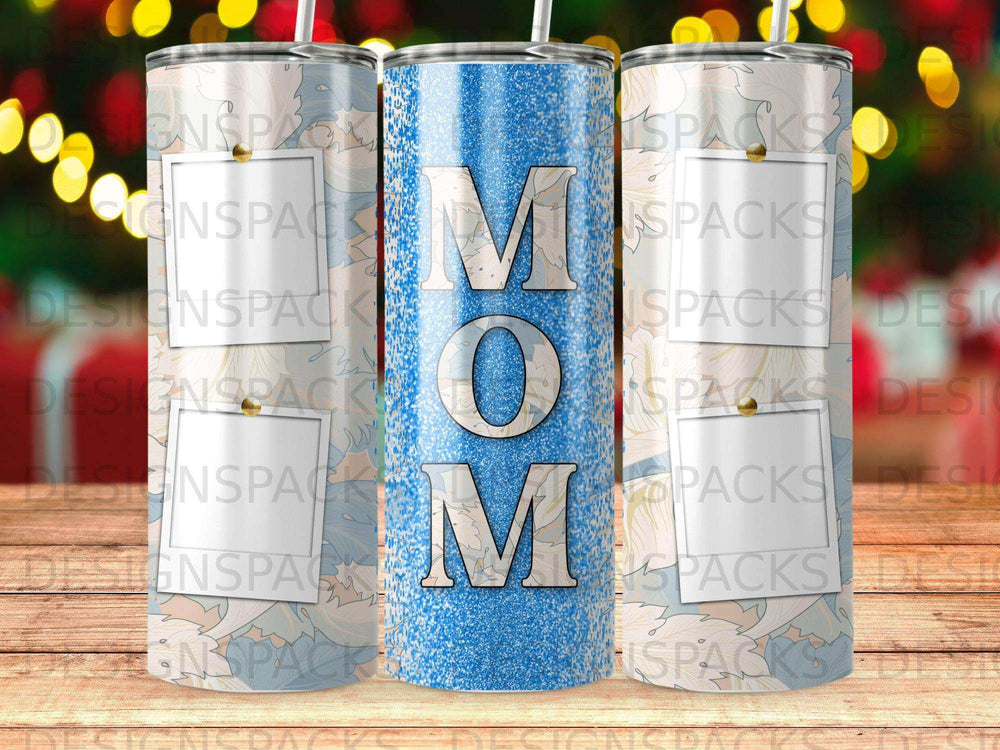 Blue speckled tumbler with "MOM" in large white letters.