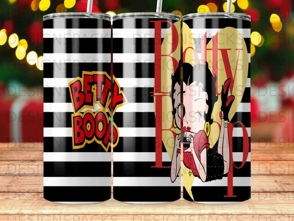 Betty Boop on a black and white striped tumbler.