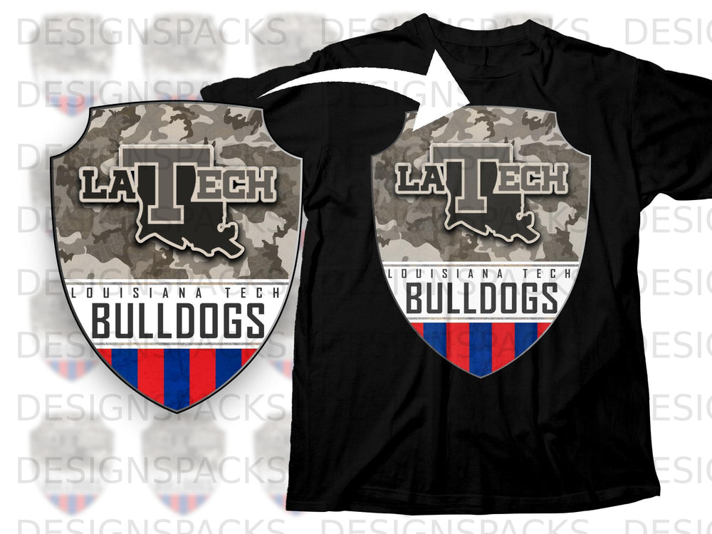 Black t-shirt featuring a shield with camouflage, "LA Tech Bulldogs," and red and blue stripes.