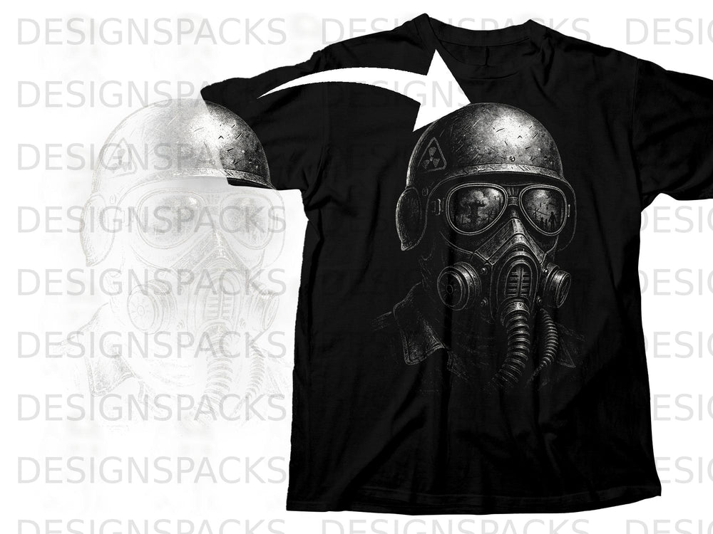 Black t-shirt with a detailed graphic of a person wearing a gas mask and helmet.