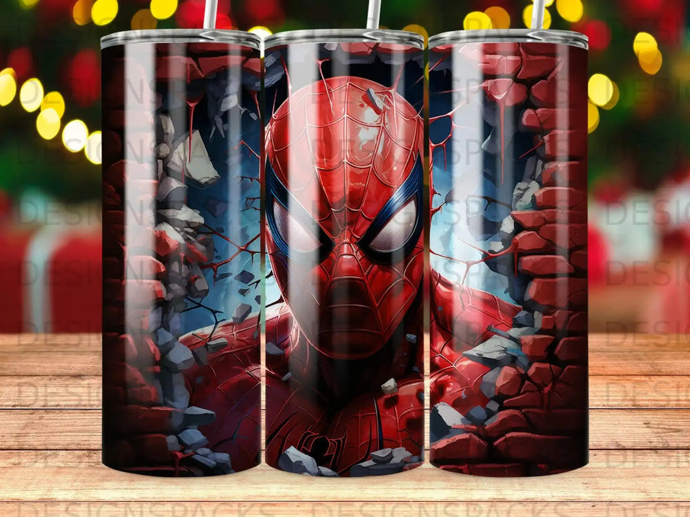 Spiderman breaking through a brick wall.