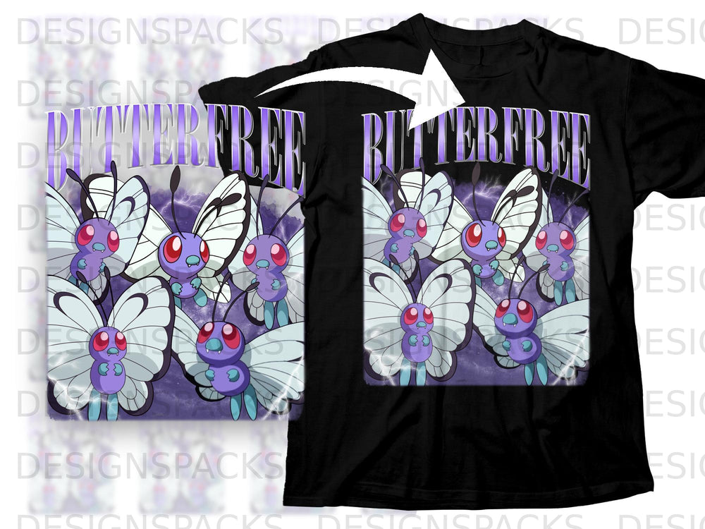 Butterfree graphic with purple text on a black t-shirt mockup.