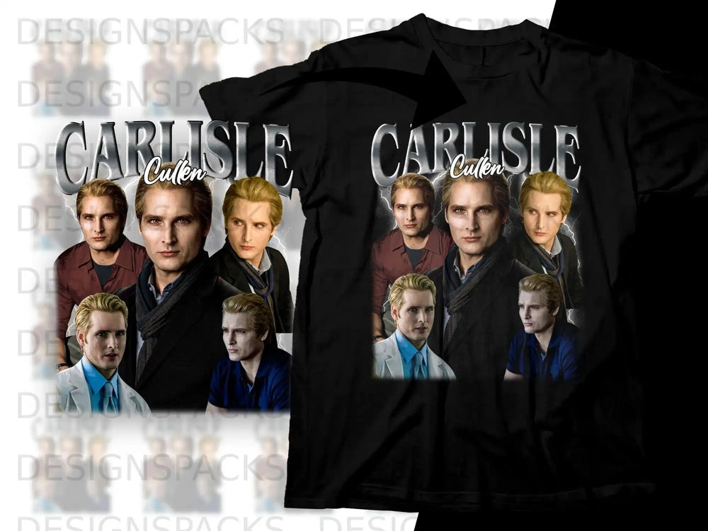 Black t-shirt with collaged portraits of Carlisle Cullen from Twilight.