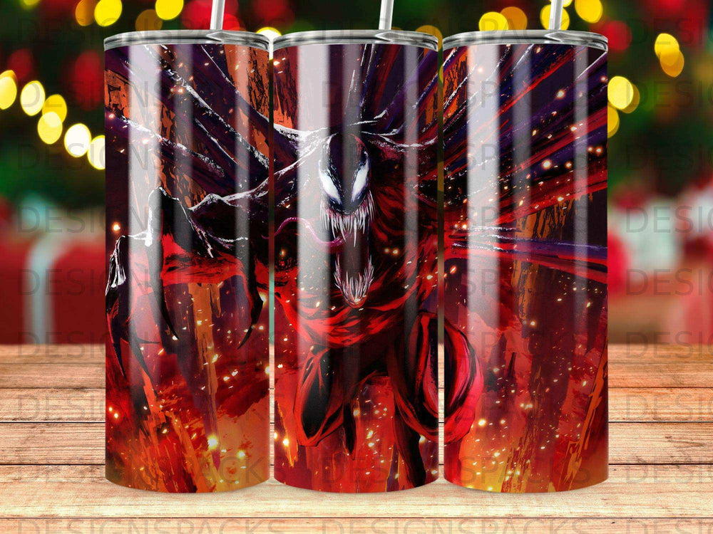 Carnage with glowing eyes and sharp teeth, against a fiery, dark background.