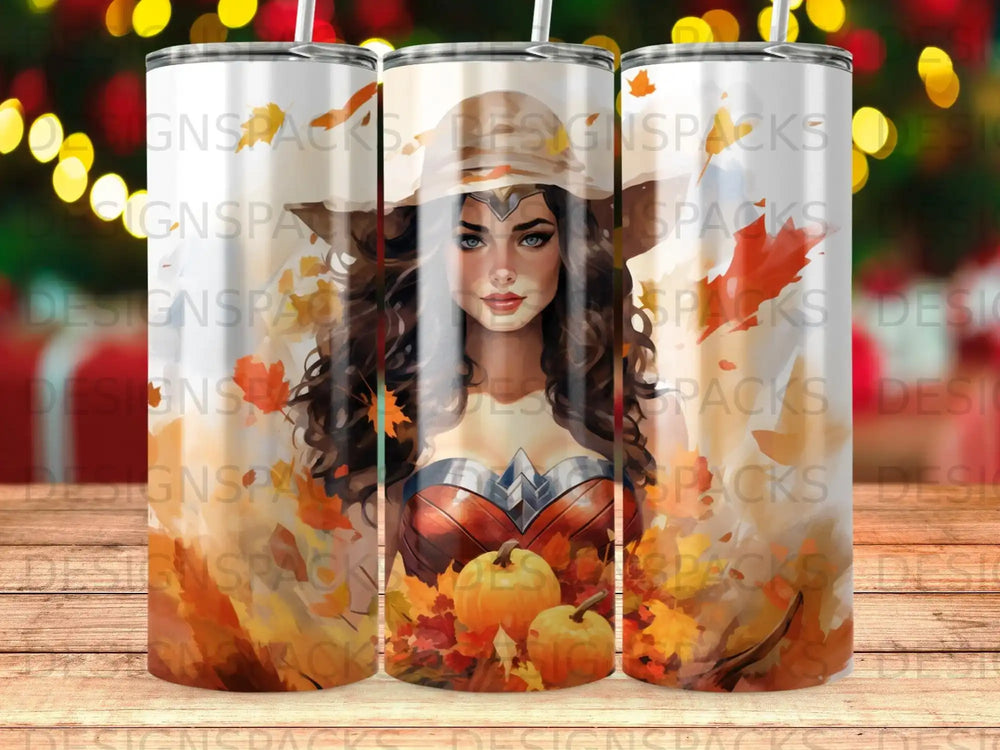 Wonder Woman with pumpkins and autumn leaves on a tumbler.