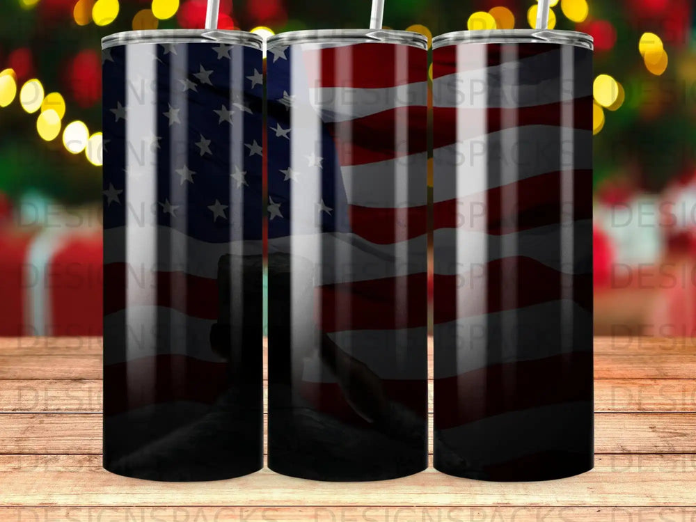 Three tumblers featuring a distressed American flag and silhouette of a soldier.