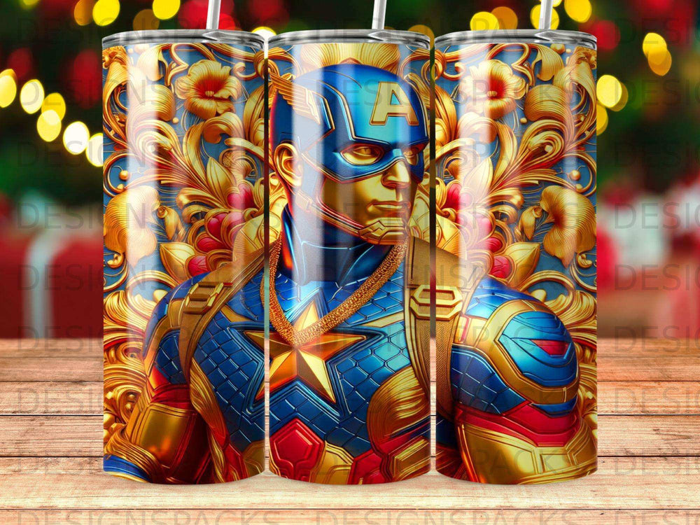 Captain America bust with gold embellishments and blurred holiday lights background.