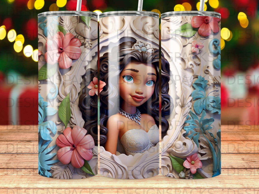 Young woman with dark hair, wearing a crown, framed by floral designs.