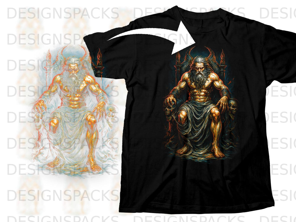 Black t-shirt featuring a muscular god on a throne with skulls.
