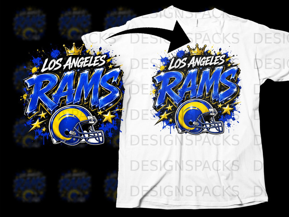 Los Angeles Rams graphic with helmet and crown on a white t-shirt.