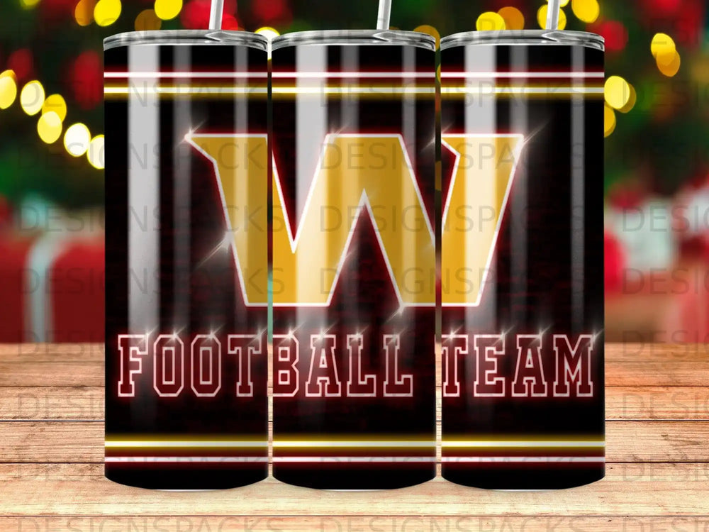 Gold "W" logo and "FOOTBALL TEAM" text on a black and red striped tumbler.
