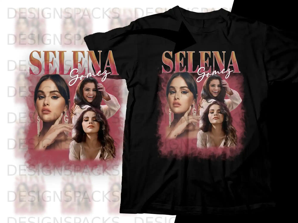 Selena Gomez graphic tee with portraits and "Selena Gomez" text.