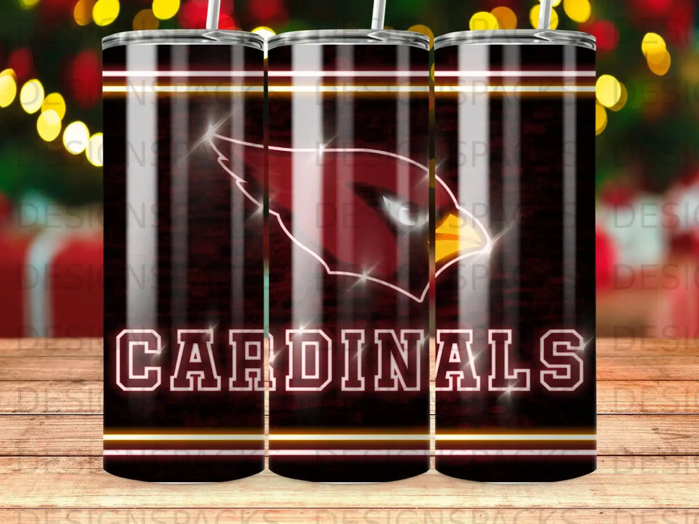 Arizona Cardinals logo and text on a dark, striped tumbler.