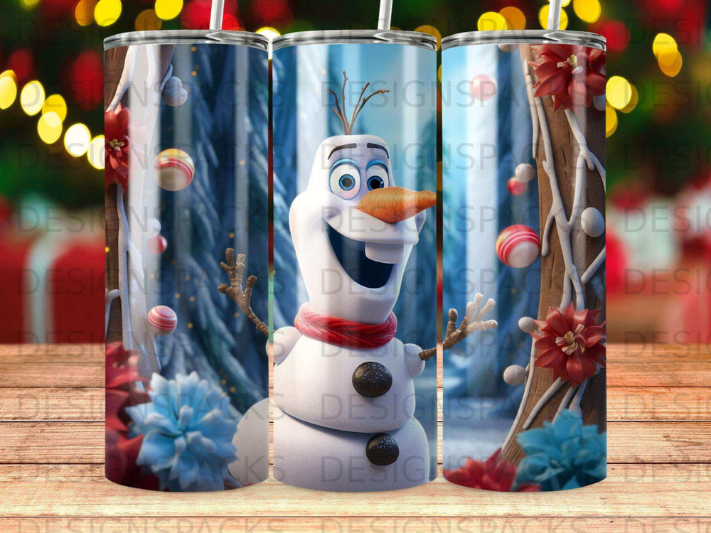 Olaf the snowman wearing a red scarf, with festive flowers and ornaments.